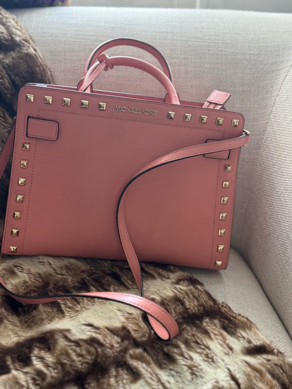 Michael Kors Coral Pink Studded Saffiano Satchel with Gold Hardware - Picture 2 of 3